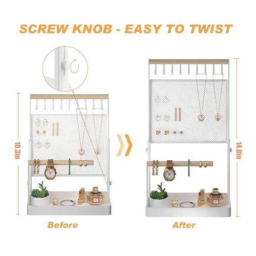 Jewelry Organizer Stand, Liftable Necklace Holder with Earring Organizer Net, 9 Hooks Necklaces Storage Wooden Handing Bar for Bracelets Watches Rings (White) White
