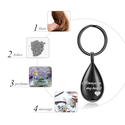 Cremation Keychain for Ashes Always In My Heart Urn Locket Cremation Jewelry Teardrop Memorial Keepsake Keychain Black