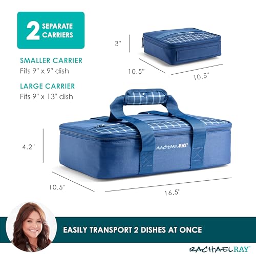 Rachael Ray Lugger Duo, Insulated Casserole Carrier for Hot or Cold Food, Thermal Lasanga Lugger Tote for Potluck, Parties, Picnic, and Cookouts, Fits 9" x 13" Baking Dish, Navy Gingham