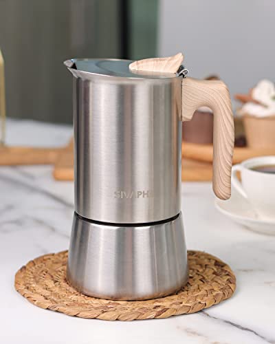 Sivaphe4 cups Stainless Steel Stovetop Espresso Coffee Maker | Induction Support 10 oz Intalian Moka Pot | Durable Cuban Coffee Maker 200ml(1 Cup=50ml) 4 CUP stainless