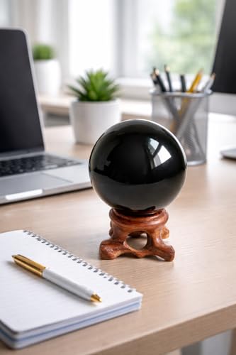 Mina Heal Natural Black Obsidian Crystal Ball with Stand, 80mm/3.1" 80 mm