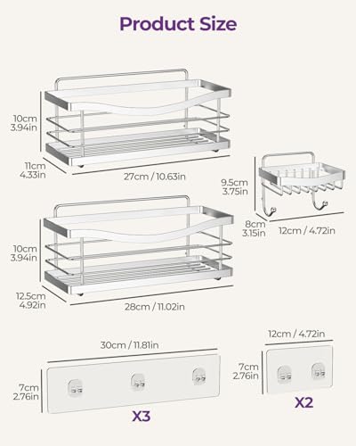ODesign 3-pack silver adhesive shower caddies with rustproof shelves and rack for bathroom organization.