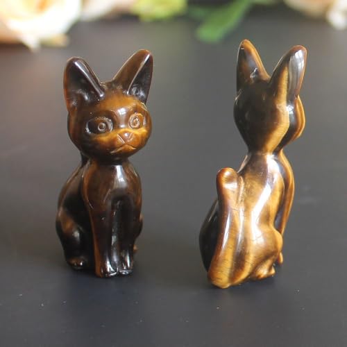 Hand Carved Gemstone Crystal Abyssinian Egyptian cat Figurine Animal Statue Carving Office Room Home Decor 2'' (Gold Tiger Eye) Gold Tiger Eye