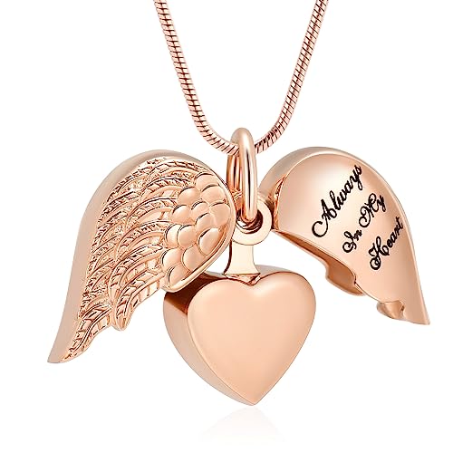 Cremation Jewelry Angel Wing Stainless Steel Heart Urn Necklaces for Ashes Memorial Keepsake Pendant for Women Men Rose Gold