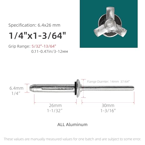 50Pcs Tri-Fold Blind Rivets with Sealing Washer O-Ring, 1/4"x1-3/64" 1/4"x1-3/64"