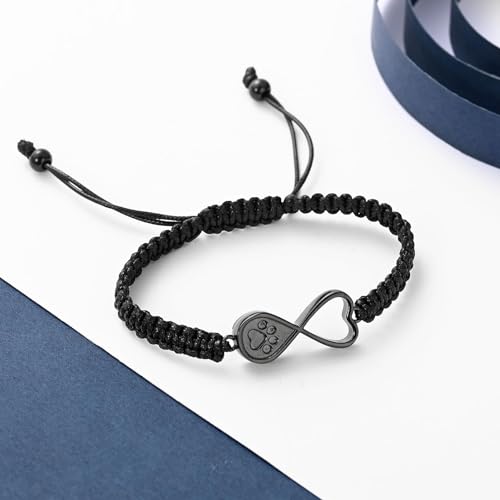 Infinity Heart Urn Bracelet for Ashes Pet Dog Cat Paw Print Cremation Jewelry Keepsake Braided Rope Adjustable Bangle Memorial Gift for Men Women black