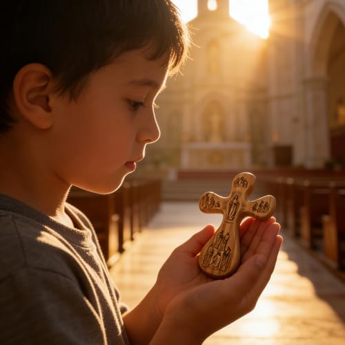 Goodangie00 Handcrafted Solid Wood Hand Held Pocket Stress Fidget Cross, Mini Double‑sided Carved Jesus Wall Crucifix Christian Gift for Home Church Daily Carry Worship Craft Religious Christmas Gift B-Wood