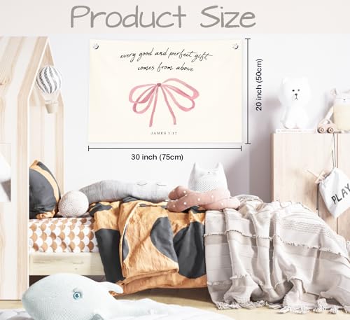 Christian Wall Decor Bible Verse Canvas Banner Pink Bow Wall Art James 1:17 (Cream color2)