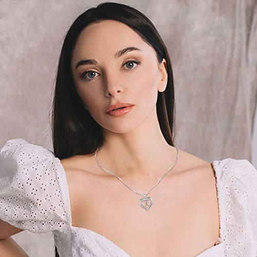 Vito 925 Sterling Silver Initial Necklace for Women, Cubic Zirconia Double Heart Letter Pendant, 18" K