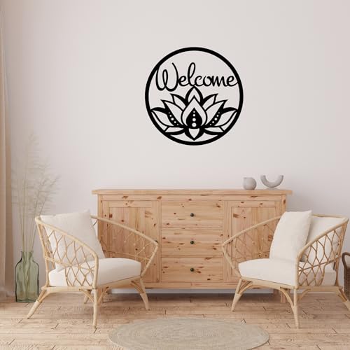 Welcome Lotus Metal Wall Hanging – Handmade Spiritual Boho Wall Decor for Entryway, Living Room, or Meditation Space, Handmade Boho Spiritual Yoga Wall Hanging (12") 12"