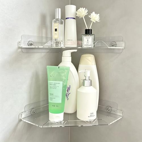 Corner Shower Caddy Shelf Rack 2 Tier Adhesive Shower Organizer Essentials - No Drilling Acrylic Bathroom Storage Rack with Hooks No Drilling Shelves (10"x10" 2 tier clear) 10"x10" 2 tier clear