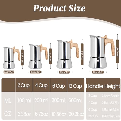Supvision 6-cup stainless steel Moka pot with woodgrain finish, 300ml capacity for stovetop espresso brewing.