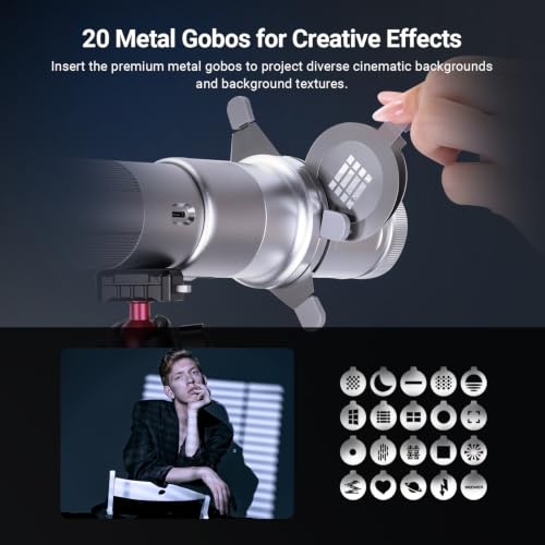 NEEWER Basics Spotlight Conical Optical Snoot Only for FL10/FL20/FL10P Photography Flashlight, 4X Brighter Projector Attachment with Adjustable Focus, 30° Beam Angle, 20 Metal Gobos, LS01