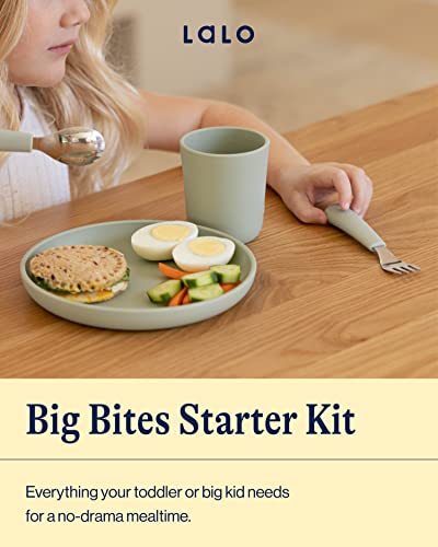 Lalo Big Bites Starter Kit with five sage silicone plates for kids, featuring colorful, child-friendly dinnerware set.