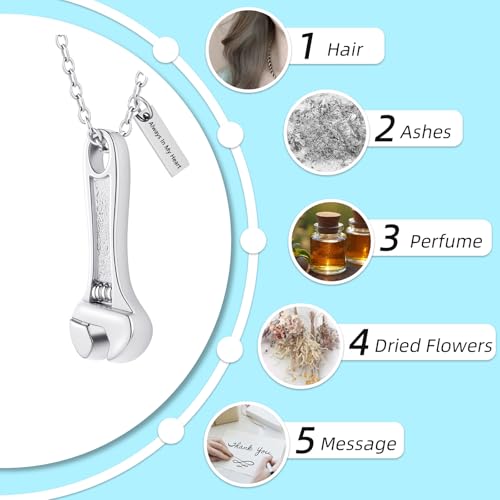 Wrench Cremation Jewelry for Ashes Pendant Urn Necklace with Mini Keepsake Urn Memorial Ashes Jewelry Silver-Always In My Heart