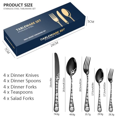 XIAOYU 20 Pieces Christmas Silverware Set, Black Flatware Set Service for 4, Stainless Steel Cutlery Tableware, Unique Snowflakes Santa Claus Elk Pattern Design, Dishwasher Safe, Black