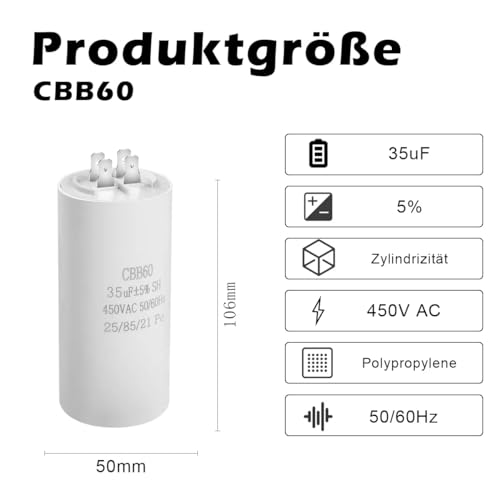 CBB60 450V 35UF 50/60HZ Capacitor, Plug-In Capacitor, Starter Capacitor, Suitable for Washing Machines, Drills, Lawnmowers and Other Electrical Devices (Four Connections)