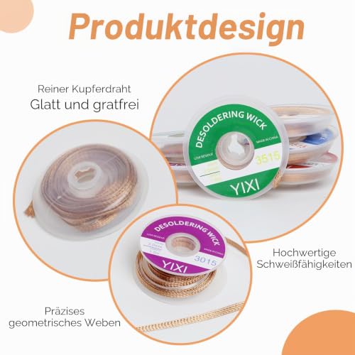 Desoldering Wire, No-Clean Soldering Braid, 1.5 m Copper Wire, Pack of 6 | 1.0/1.5/2.0/2.5/3.0/3.5 mm for desoldering, desoldering wick for removing solder and disassembling electrical components
