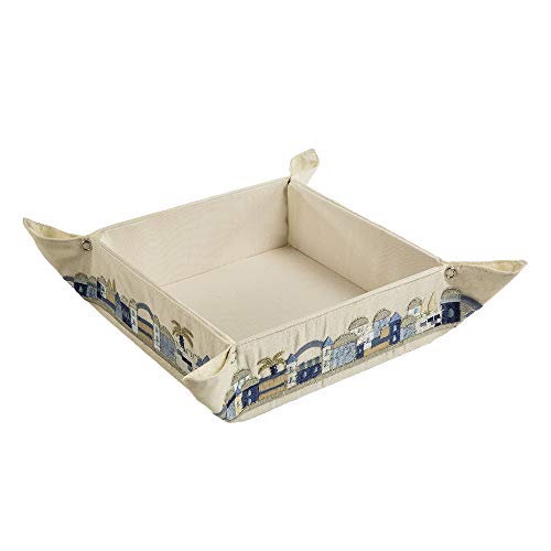 Yair Emanuel Matzah Box for Seder - Holder For Passover Bread -Embroidered Folding Basket (Jerusalem - Blue (MB-5)) Jerusalem - Blue (MB-5)