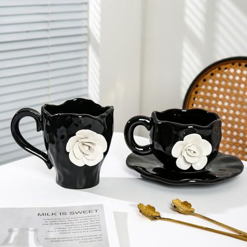 Ceramic Cute Coffee Cups, Handmade Flower Tea Mugs, Gifts for Milk Coffee Tea Lovers 11OZ (Pack of 2) 11 Ounces (Pack of 2)