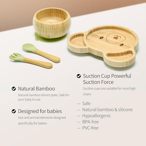 Bamboo Suction Plates Bowls Setfor Baby Toddler Divided Platter Food bowl with Silicone Fork & Spoon All-Natural Baby Feeding Set, Kids Feeding Essentials Bear