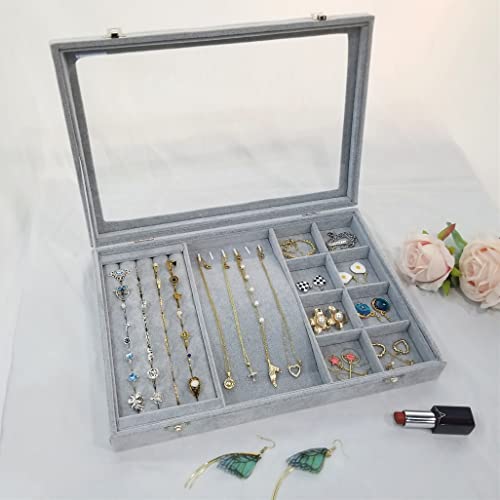 Ice Velvet Jewelry Organizer Box for Women Girlfriend Wife 8 Grids & 5 Slots & 6 Necklace Hooks