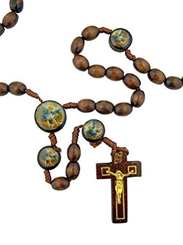 CB Mens Womens Catholic Gift Archangel Saint St Michael 10MM Wood Bead Cord Rosary Necklace with Holy Prayer Card