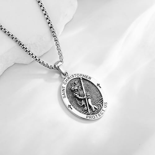 ONEFINITY Saint Christopher Necklace 925 Sterling Silver St Christopher Medal Pendant Religious Necklace Protection Jewellery Gifts for Men Women