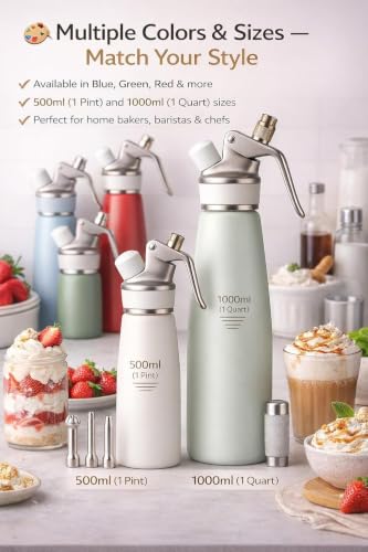 Professional Whipped Cream Dispenser – Ultra-Thick Aluminum Body & Stainless Steel Nozzle, 500ml/1000ml, Multiple Colors – Heavy Duty Cream Whipper for Desserts, Coffee, Cocktails–500ML-White White 16.9 Ounces