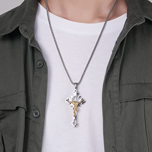 Stainless Steel Saint St. Benedict Crucifix Cross Pendants Necklace INRI Religion Jewelry with Chain Silver Gold
