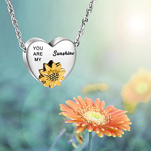 XIUDA Heart Ashes Necklace Urn Necklace with Sunflower You Are My Sunshine Cremation Necklace for Ashes Cremation Jewelry for Human Ashe Memorial Necklace with Flower Silver