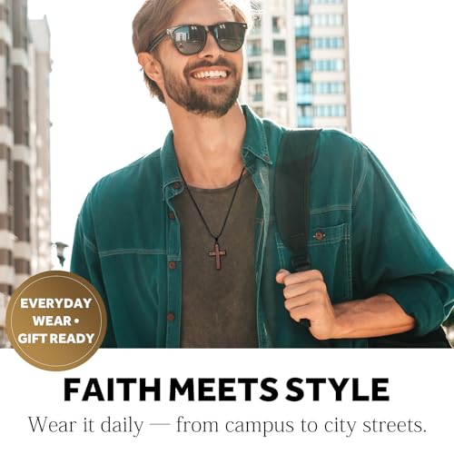 REVEMCN Wooden Cross Necklace for Men – Black Walnut & Stainless Steel Cross Pendant with Adjustable 18–24" Chain, Christian Jewellery Gift for Son Black Walnut - A 18" + 2" Extender (46 + 5 cm)