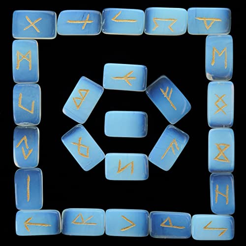 ZAICUS Opalite Rune Stones Set with Engraved Elder Futhark Runic Alphabet Pagan Lettering Viking Runes for Divination Norse Witchcraft Healing Crystal Reiki Gemstones Irregular Shaped 25 Pcs #20 Opalite Rune