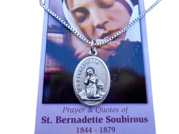 Saint Bernadette Necklace, Patron Saint Necklace, Double-sided Our Lady of Lourdes on the reverse, 20" Stainless Steel Venetian Box Chain