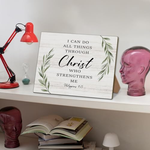 Bible Verse Philippians 4:13 - I Can Do All Things Through Christ Who Strengthens Me Sign, Home Bedroom Office Desk Decorations Jesus Decor, 8x11 Inch Greenery Wooden Sign with Stand-24