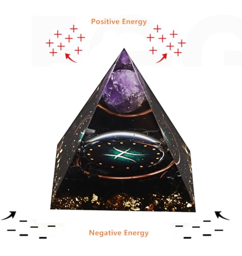 12 Zodiac Orgone Crystal Pyramid, Natural Amethyst with Obsidian,Healing Crystals Pyramid for Protection Chakra, Unique Constellation Pyramid for Positive Energy, Healing Money Health(Pisces) Pisces