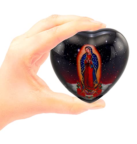 Our Lady of Guadalupe Heart Keepsake Urn, Urn and Ash Storage Religious Token Urn for Ashes, Spiritual Sharing Urn, Handcrafted Memorial Heart Urn with Velvet Case & Bag (Heart Keepsake)