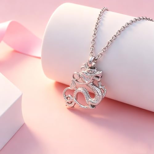 Chinese Dragon Cremation Necklace for Ashes — Dragon Urn Pendant Memorial Keepsake Jewelry for Men Women, Sympathy Remembrance Ash Holder with Screw-Top Seal Silver