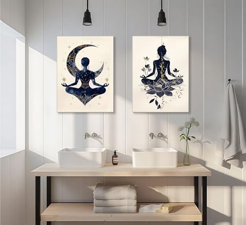 QGJQCFY 2Pcs Celestial Yoga Lotus Moon Canvas Wall Art 12"L x 16"W
