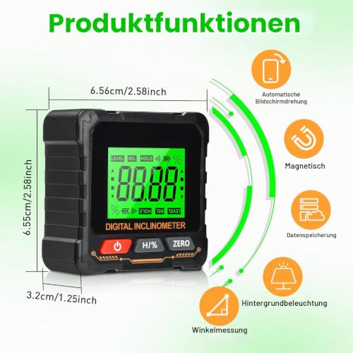 Digital Protractor, 0.05° Resolution, LCD Inclinometer, 360° Spirit Level, Magnetic Base, Auto Reverse, Backlight for Construction and Woodworking Without Laser