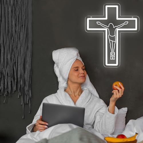 Jesus Saves Crucifix Neon Signs Dimmable Cross Neon Llight Christian Easter wall decor for Home, Sacred Spaces, Prayer Rooms Gift Art-14.5 x 12.2IN-USB Powered-Acrylic White :Jesus