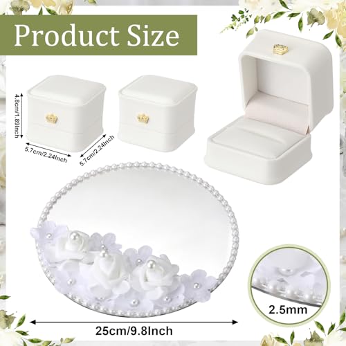 Liliaafar Wedding Mirror Tray with 2 Pcs Ring Boxes, Pearl Roses White