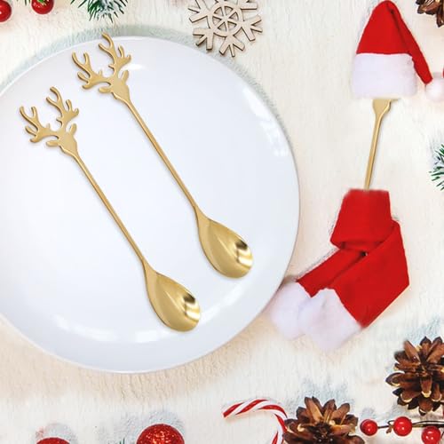 6 PCS Gold Christmas Elk Deer Head Shape Stainless Steel Dessert Spoons (Pack of 2) 6 inch (Pack of 2)