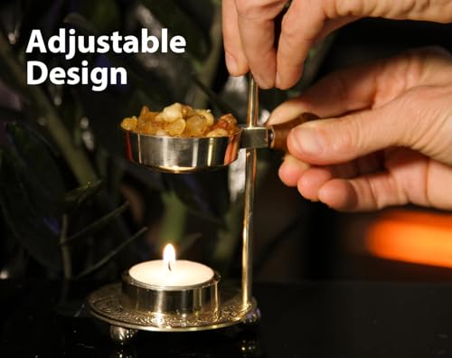 Resin Incense Burner – Dual Use Tea Light or Charcoal Heated | Adjustable Brass Design for Frankincense, Myrrh & Copal | Spiritual Gift for Home Fragrance Brass Burner Candle Heated