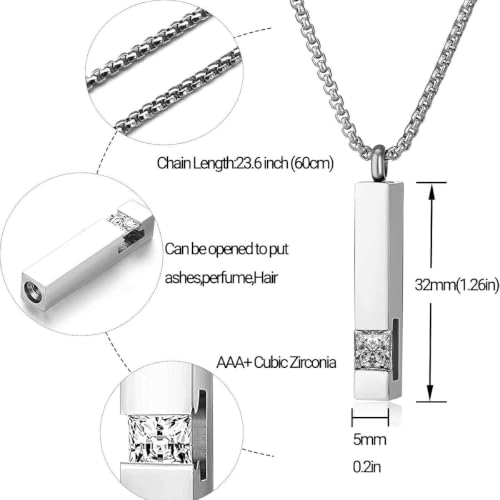 Ticha 2 Pcs Cremation Urn Pendant Necklace, Memorial Titanium Steel with CZ Necklace, for Daily Wear and Meaningful Gift Giving