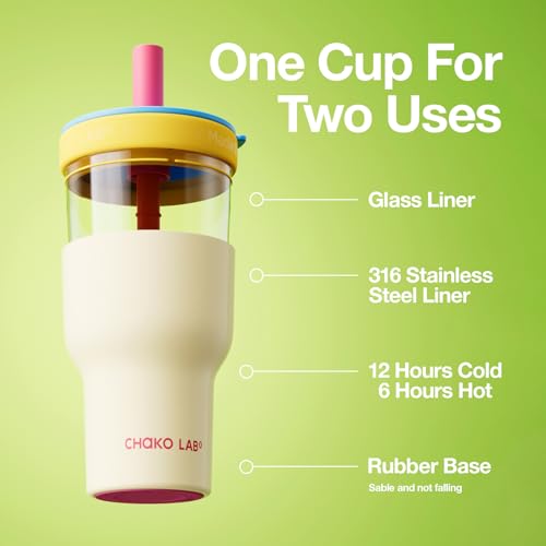 CHAKO LAB Insulated Water Bottle | Dual-layer tumbler with Glass Liner and Stainless Steel Liner | BPA-Free Thermos | 20oz Bottle with Two Straw | White & Blue 20 Ounces Sky