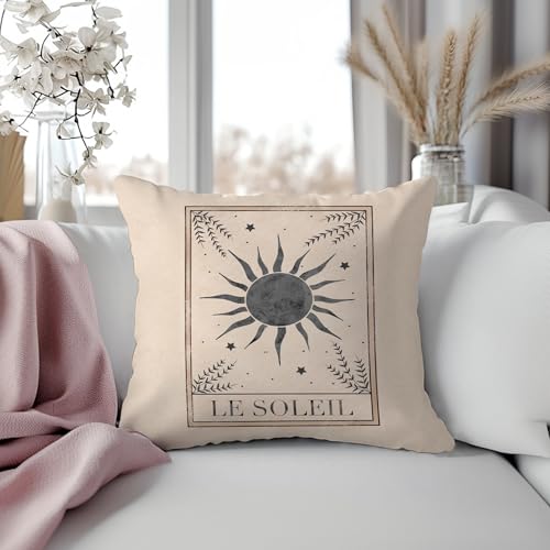 Boho Sun Tarot Pillow Covers 18x18, Witchy Room Decor, Le Soleil Mystical Botanical Sun Celestial Spiritual Decorative Throw Pillow Covers Pillowcases Sun 01