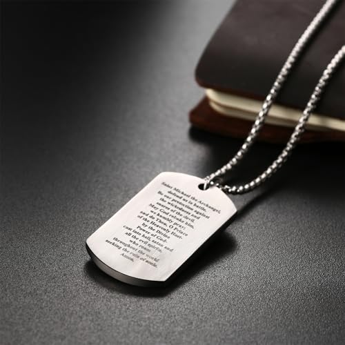 Oidea Men's Saint Michael Necklace: Double-sided Stainless Steel St Michael The Archangel Pendant Necklaces for Men Women Religious Catholic Amulet Jewelry Gifts Silver
