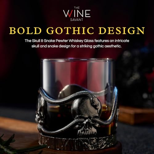 Skull & Snakes Pewter Glasses Set of 2, 12.5oz Gothic Whiskey, Wine, Beer & Water Cups, Spooky Crystal Old Fashioned Tumblers, Elegant Barware Gifts for Men & Women, Haunted Skull Decor Gift Skull and Snakes