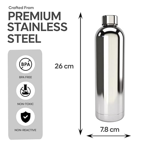 Stainless Steel Water Bottle 25oz - Vacuum Insulated Stays Cold All Day, Leak Proof Double Wall, Chrome Classic Design